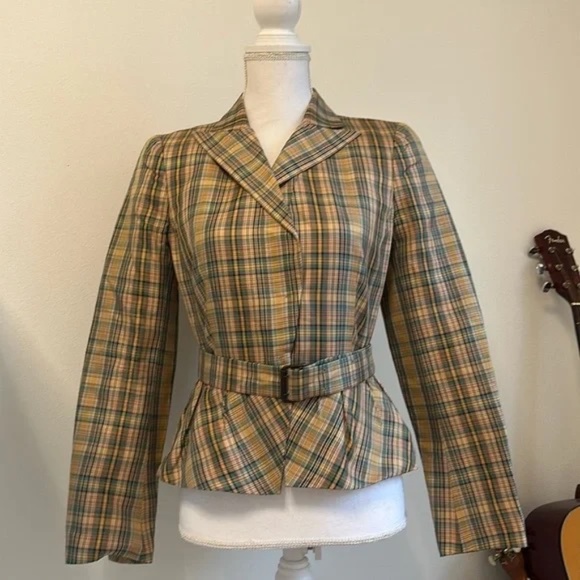Akris Jackets & Blazers - AKRIS Size 6 Green, cream, brown Plaid Silk Cropped Belted Blazer